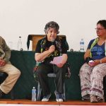 Sheikh Ismail Keraan, Gwynne Robins and Lettice Joemath in conversation in the restored Moravian Church